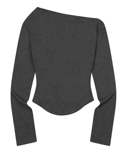 MUCENT(ムセント)/オフショルダー ドレープ アンバランス ロングスリーブ Tシャツ/LIVRE OFF SHOULDER UNBALANCE LONG SLEEVE T | AT2261003 | チャコールグレー