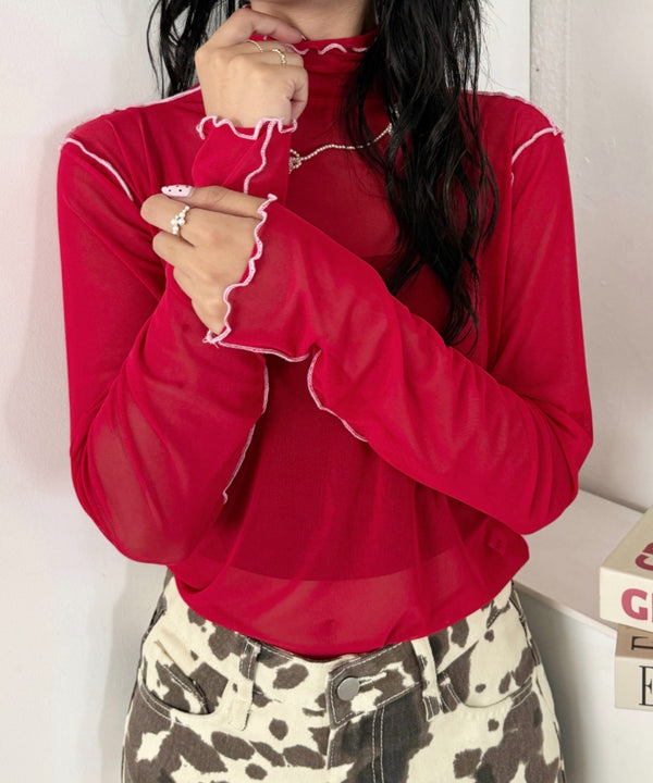 パイピングシアーハイネックトップス | SL2261020 | レッド