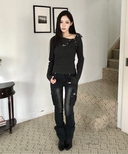 MUCENT(ムセント)/美脚 ブーツカット カーゴ フレア デニム パンツ/LUBEL BOOTS CUT CARGO DENIM PANTS | AT2261020 | ブラック