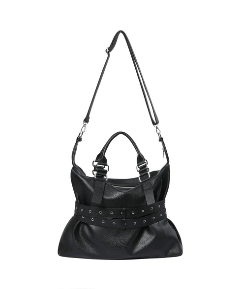 MUCENT(ムセント)/3WAY フロント ダブル ベルト レザー トート クロス ショルダーバッグ/COR FRONT DOUBLE BELTED LEATHER TOTE BAG | AT1261029 | ブラック