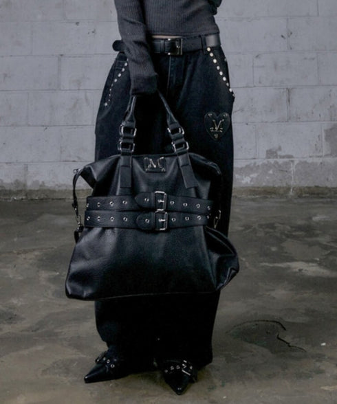 MUCENT(ムセント)/3WAY フロント ダブル ベルト レザー トート クロス ショルダーバッグ/COR FRONT DOUBLE BELTED LEATHER TOTE BAG | AT1261029 | ブラック