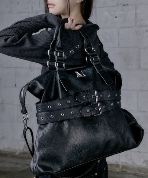MUCENT(ムセント)/3WAY フロント ダブル ベルト レザー トート クロス ショルダーバッグ/COR FRONT DOUBLE BELTED LEATHER TOTE BAG | AT1261029 | ブラック