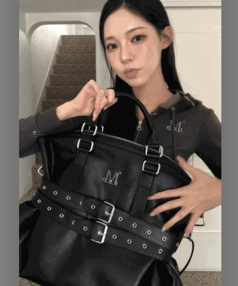 MUCENT(ムセント)/3WAY フロント ダブル ベルト レザー トート クロス ショルダーバッグ/COR FRONT DOUBLE BELTED LEATHER TOTE BAG | AT1261029 | ブラック