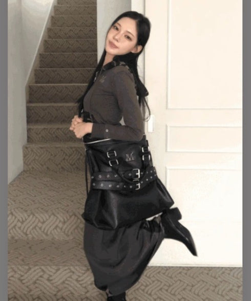 MUCENT(ムセント)/3WAY フロント ダブル ベルト レザー トート クロス ショルダーバッグ/COR FRONT DOUBLE BELTED LEATHER TOTE BAG | AT1261029 | ブラック
