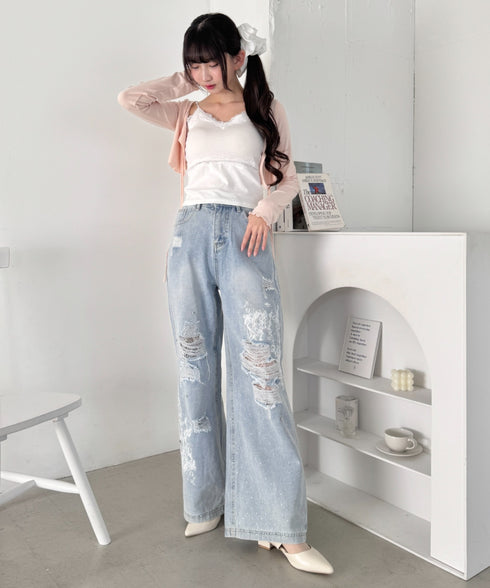 クラッシュレースプリントデニムパンツ | LO2265034 | ライトブルー