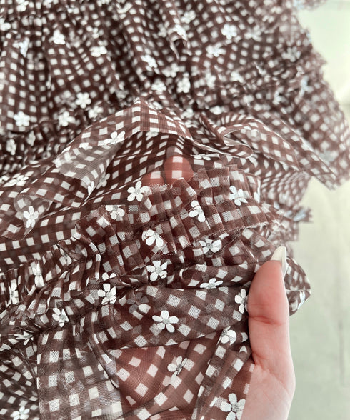 チェックフラワーフリルチュールロングスカート | SL2265046 | ブラウン