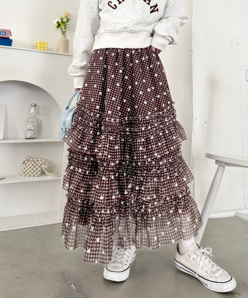 チェックフラワーフリルチュールロングスカート | SL2265046 | ブラウン