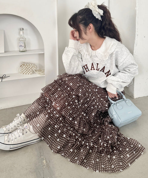 チェックフラワーフリルチュールロングスカート | SL2265046 | ブラウン