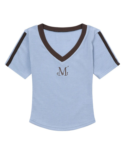 MUCENT(ムセント)/Vネック ライン クロップド ハーフ スリーブ Tシャツ/BINDING TRACK LINE HALF SLEEVE T | AT2261035 | ライトブルー