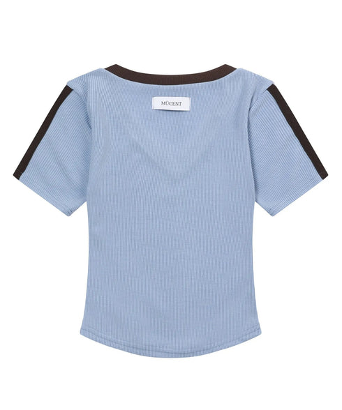 MUCENT(ムセント)/Vネック ライン クロップド ハーフ スリーブ Tシャツ/BINDING TRACK LINE HALF SLEEVE T | AT2261035 | ライトブルー