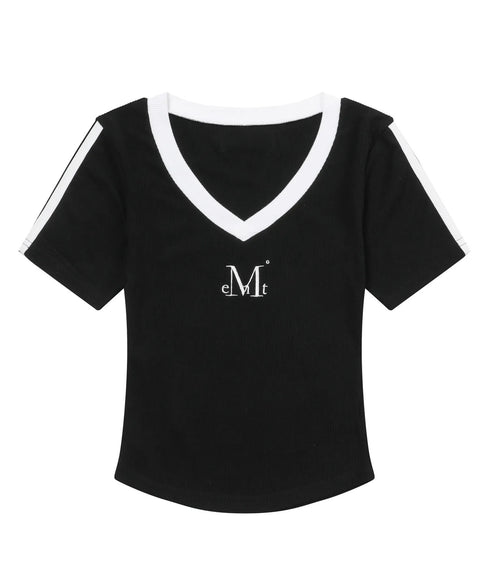 MUCENT(ムセント)/Vネック ライン クロップド ハーフ スリーブ Tシャツ/BINDING TRACK LINE HALF SLEEVE T | AT2261035 | ブラック