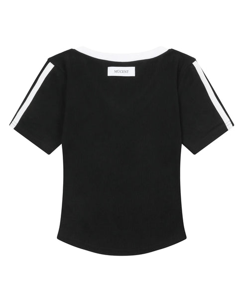 MUCENT(ムセント)/Vネック ライン クロップド ハーフ スリーブ Tシャツ/BINDING TRACK LINE HALF SLEEVE T | AT2261035 | ブラック