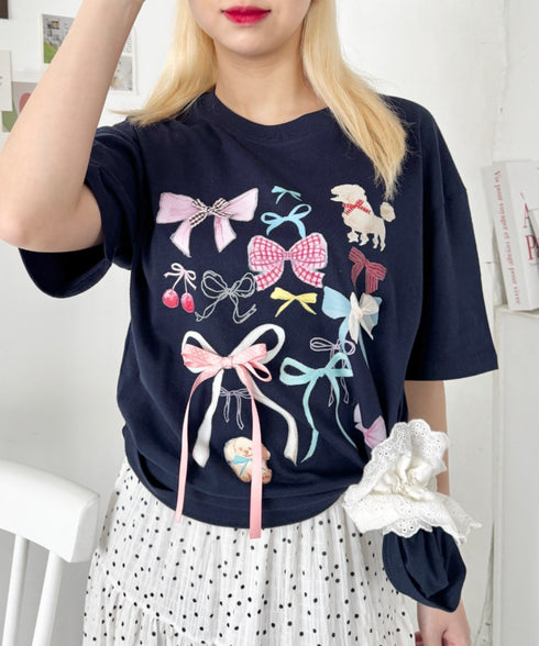 ファンシーリボンプリント半袖Tシャツ | SL2262008 | ネイビー