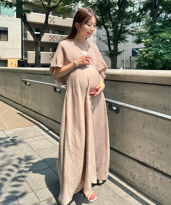 【マタニティ】産前・産後◎Vネックシャーリングロングワンピース Vネックデザインマタニティワンピース Vネックシャーリング楽々ワンピ サイドポケット付き■動画あり | MD2265052 | ベージュ