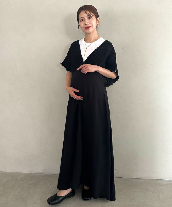【マタニティ】産前・産後◎Vネックシャーリングロングワンピース Vネックデザインマタニティワンピース Vネックシャーリング楽々ワンピ サイドポケット付き■動画あり | MD2265052 | ブラック