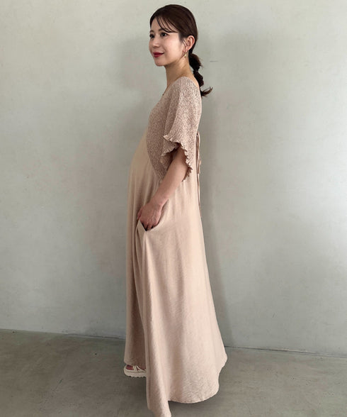 【マタニティ】産前・産後◎Vネックシャーリングロングワンピース Vネックデザインマタニティワンピース Vネックシャーリング楽々ワンピ サイドポケット付き■動画あり | MD2265052 | ベージュ