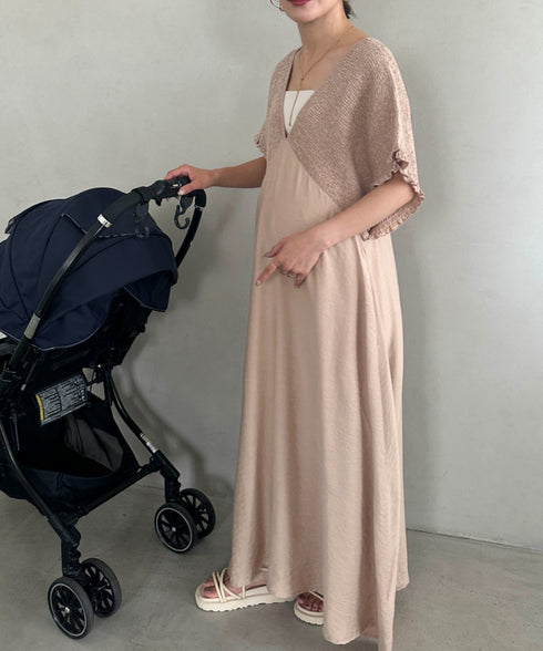 【マタニティ】産前・産後◎Vネックシャーリングロングワンピース Vネックデザインマタニティワンピース Vネックシャーリング楽々ワンピ サイドポケット付き■動画あり | MD2265052 | ベージュ