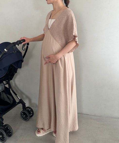 【マタニティ】産前・産後◎Vネックシャーリングロングワンピース Vネックデザインマタニティワンピース Vネックシャーリング楽々ワンピ サイドポケット付き■動画あり | MD2265052 | ベージュ