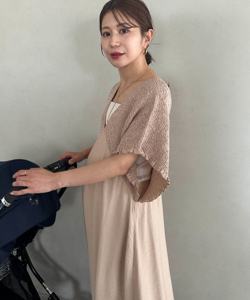 【マタニティ】産前・産後◎Vネックシャーリングロングワンピース Vネックデザインマタニティワンピース Vネックシャーリング楽々ワンピ サイドポケット付き■動画あり | MD2265052 | ベージュ