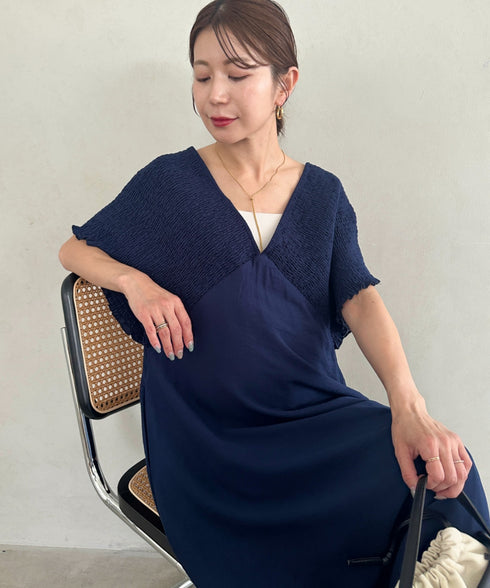 【マタニティ】産前・産後◎Vネックシャーリングロングワンピース Vネックデザインマタニティワンピース Vネックシャーリング楽々ワンピ サイドポケット付き■動画あり | MD2265052 | ネイビー