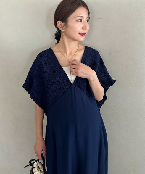 【マタニティ】産前・産後◎Vネックシャーリングロングワンピース Vネックデザインマタニティワンピース Vネックシャーリング楽々ワンピ サイドポケット付き■動画あり | MD2265052 | ネイビー
