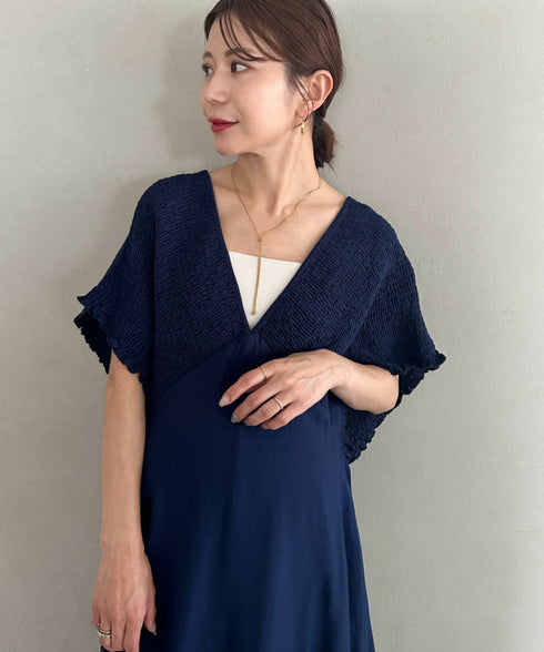 【マタニティ】産前・産後◎Vネックシャーリングロングワンピース Vネックデザインマタニティワンピース Vネックシャーリング楽々ワンピ サイドポケット付き■動画あり | MD2265052 | ネイビー