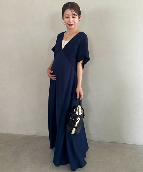 【マタニティ】産前・産後◎Vネックシャーリングロングワンピース Vネックデザインマタニティワンピース Vネックシャーリング楽々ワンピ サイドポケット付き■動画あり | MD2265052 | ネイビー