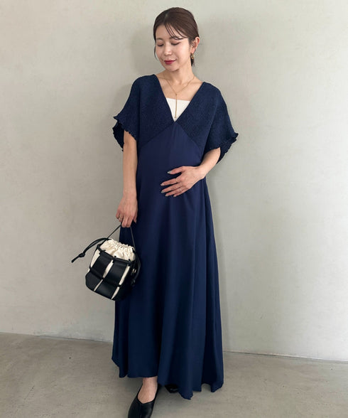 【マタニティ】産前・産後◎Vネックシャーリングロングワンピース Vネックデザインマタニティワンピース Vネックシャーリング楽々ワンピ サイドポケット付き■動画あり | MD2265052 | ネイビー