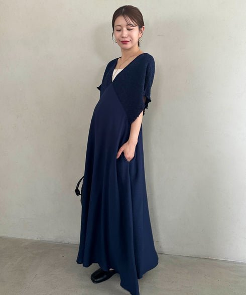 【マタニティ】産前・産後◎Vネックシャーリングロングワンピース Vネックデザインマタニティワンピース Vネックシャーリング楽々ワンピ サイドポケット付き■動画あり | MD2265052 | ネイビー