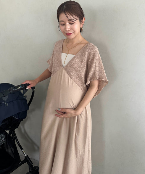 【マタニティ】産前・産後◎Vネックシャーリングロングワンピース Vネックデザインマタニティワンピース Vネックシャーリング楽々ワンピ サイドポケット付き■動画あり | MD2265052 | ベージュ