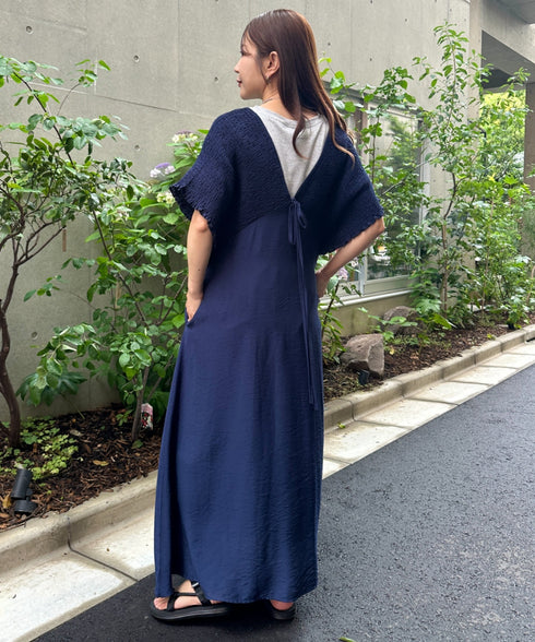 【マタニティ】産前・産後◎Vネックシャーリングロングワンピース Vネックデザインマタニティワンピース Vネックシャーリング楽々ワンピ サイドポケット付き■動画あり | MD2265052 | ネイビー