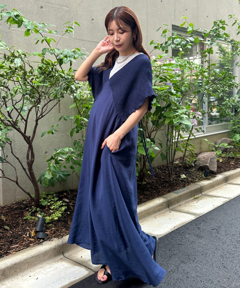 【マタニティ】産前・産後◎Vネックシャーリングロングワンピース Vネックデザインマタニティワンピース Vネックシャーリング楽々ワンピ サイドポケット付き■動画あり | MD2265052 | ネイビー