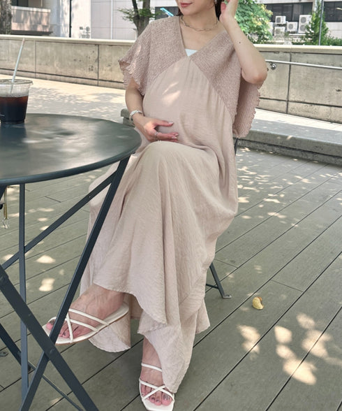 【マタニティ】産前・産後◎Vネックシャーリングロングワンピース Vネックデザインマタニティワンピース Vネックシャーリング楽々ワンピ サイドポケット付き■動画あり | MD2265052 | ベージュ