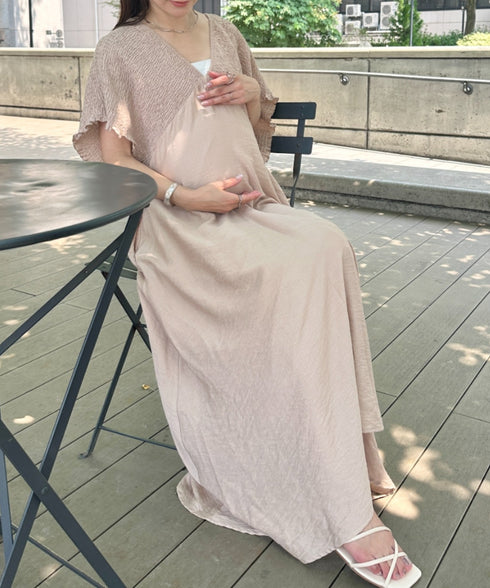 【マタニティ】産前・産後◎Vネックシャーリングロングワンピース Vネックデザインマタニティワンピース Vネックシャーリング楽々ワンピ サイドポケット付き■動画あり | MD2265052 | ベージュ