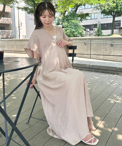 【マタニティ】産前・産後◎Vネックシャーリングロングワンピース Vネックデザインマタニティワンピース Vネックシャーリング楽々ワンピ サイドポケット付き■動画あり | MD2265052 | ベージュ
