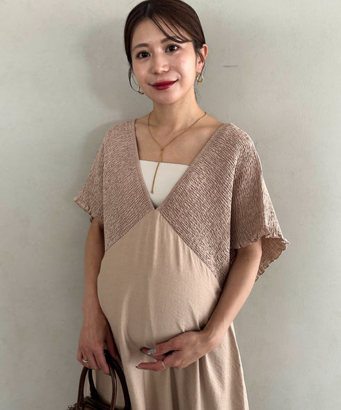 【マタニティ】産前・産後◎Vネックシャーリングロングワンピース Vネックデザインマタニティワンピース Vネックシャーリング楽々ワンピ サイドポケット付き■動画あり | MD2265052 | ベージュ