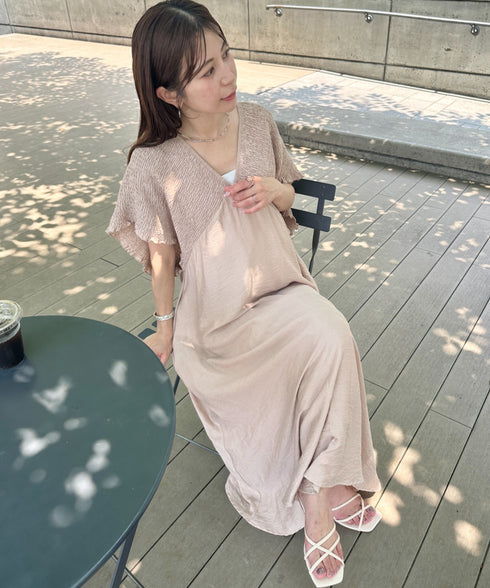 【マタニティ】産前・産後◎Vネックシャーリングロングワンピース Vネックデザインマタニティワンピース Vネックシャーリング楽々ワンピ サイドポケット付き■動画あり | MD2265052 | ベージュ