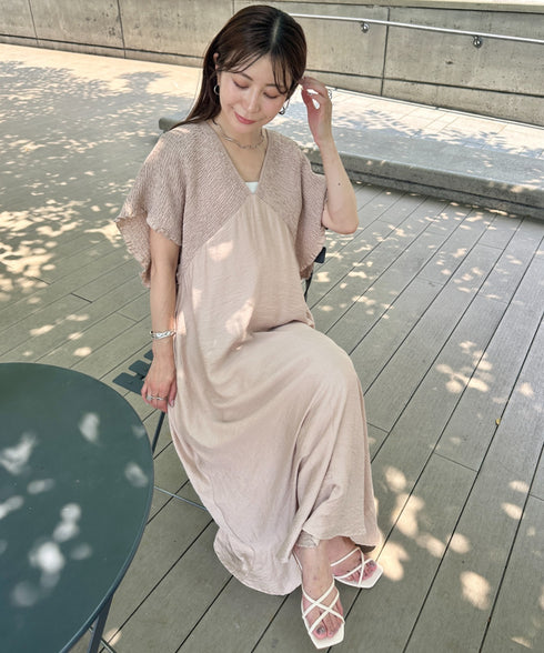【マタニティ】産前・産後◎Vネックシャーリングロングワンピース Vネックデザインマタニティワンピース Vネックシャーリング楽々ワンピ サイドポケット付き■動画あり | MD2265052 | ベージュ