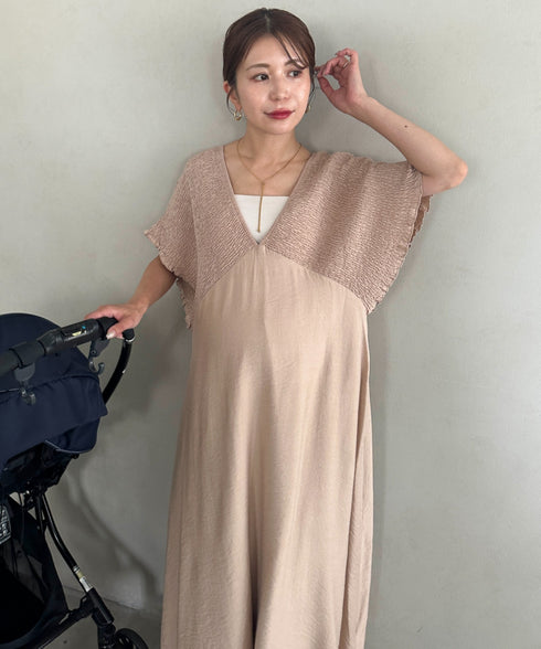 【マタニティ】産前・産後◎Vネックシャーリングロングワンピース Vネックデザインマタニティワンピース Vネックシャーリング楽々ワンピ サイドポケット付き■動画あり | MD2265052 | ベージュ