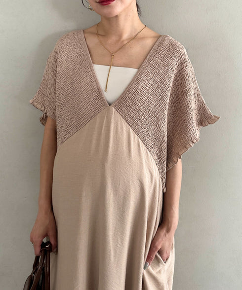 【マタニティ】産前・産後◎Vネックシャーリングロングワンピース Vネックデザインマタニティワンピース Vネックシャーリング楽々ワンピ サイドポケット付き■動画あり | MD2265052 | ベージュ