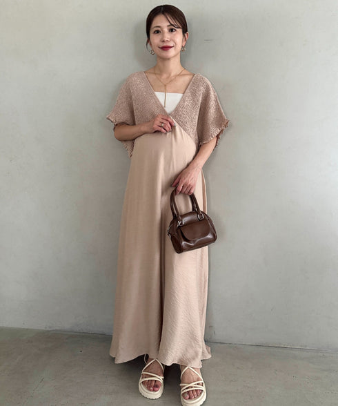 【マタニティ】産前・産後◎Vネックシャーリングロングワンピース Vネックデザインマタニティワンピース Vネックシャーリング楽々ワンピ サイドポケット付き■動画あり | MD2265052 | ベージュ