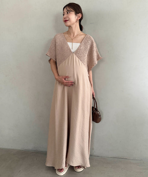 【マタニティ】産前・産後◎Vネックシャーリングロングワンピース Vネックデザインマタニティワンピース Vネックシャーリング楽々ワンピ サイドポケット付き■動画あり | MD2265052 | ベージュ