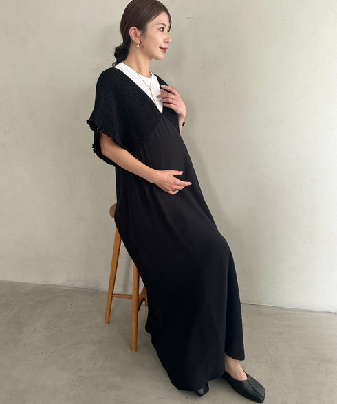 【マタニティ】産前・産後◎Vネックシャーリングロングワンピース Vネックデザインマタニティワンピース Vネックシャーリング楽々ワンピ サイドポケット付き■動画あり | MD2265052 | ブラック