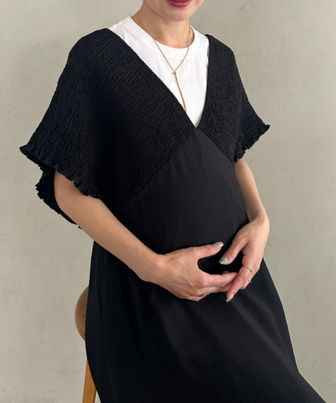 【マタニティ】産前・産後◎Vネックシャーリングロングワンピース Vネックデザインマタニティワンピース Vネックシャーリング楽々ワンピ サイドポケット付き■動画あり | MD2265052 | ブラック