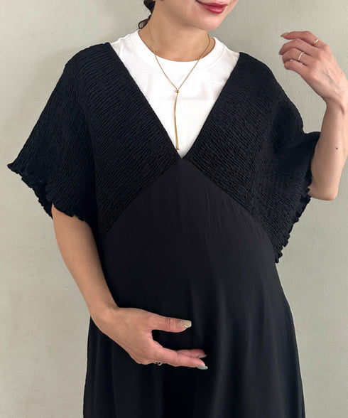 【マタニティ】産前・産後◎Vネックシャーリングロングワンピース Vネックデザインマタニティワンピース Vネックシャーリング楽々ワンピ サイドポケット付き■動画あり | MD2265052 | ブラック