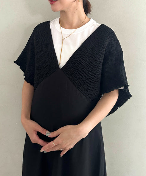 【マタニティ】産前・産後◎Vネックシャーリングロングワンピース Vネックデザインマタニティワンピース Vネックシャーリング楽々ワンピ サイドポケット付き■動画あり | MD2265052 | ブラック