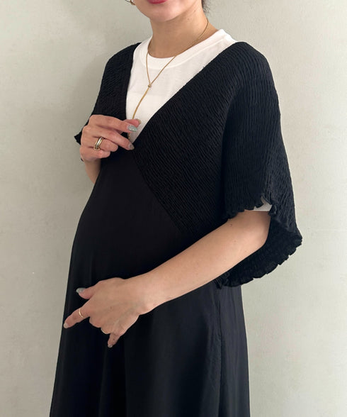 【マタニティ】産前・産後◎Vネックシャーリングロングワンピース Vネックデザインマタニティワンピース Vネックシャーリング楽々ワンピ サイドポケット付き■動画あり | MD2265052 | ブラック