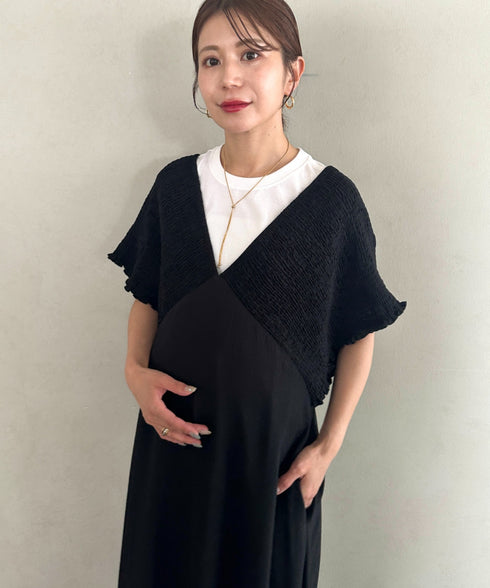 【マタニティ】産前・産後◎Vネックシャーリングロングワンピース Vネックデザインマタニティワンピース Vネックシャーリング楽々ワンピ サイドポケット付き■動画あり | MD2265052 | ブラック