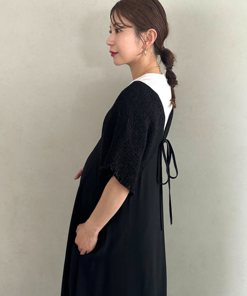【マタニティ】産前・産後◎Vネックシャーリングロングワンピース Vネックデザインマタニティワンピース Vネックシャーリング楽々ワンピ サイドポケット付き■動画あり | MD2265052 | ブラック