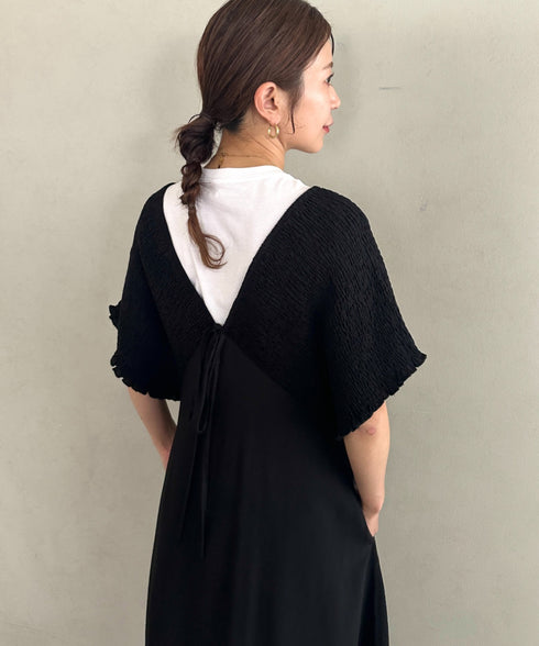 【マタニティ】産前・産後◎Vネックシャーリングロングワンピース Vネックデザインマタニティワンピース Vネックシャーリング楽々ワンピ サイドポケット付き■動画あり | MD2265052 | ブラック